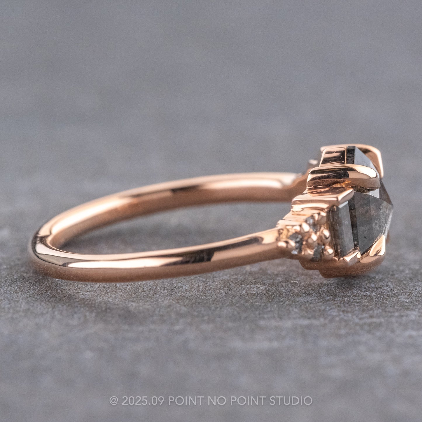 .98 Carat Black Speckled Hexagon Diamond Engagement Ring, Dahlia Setting