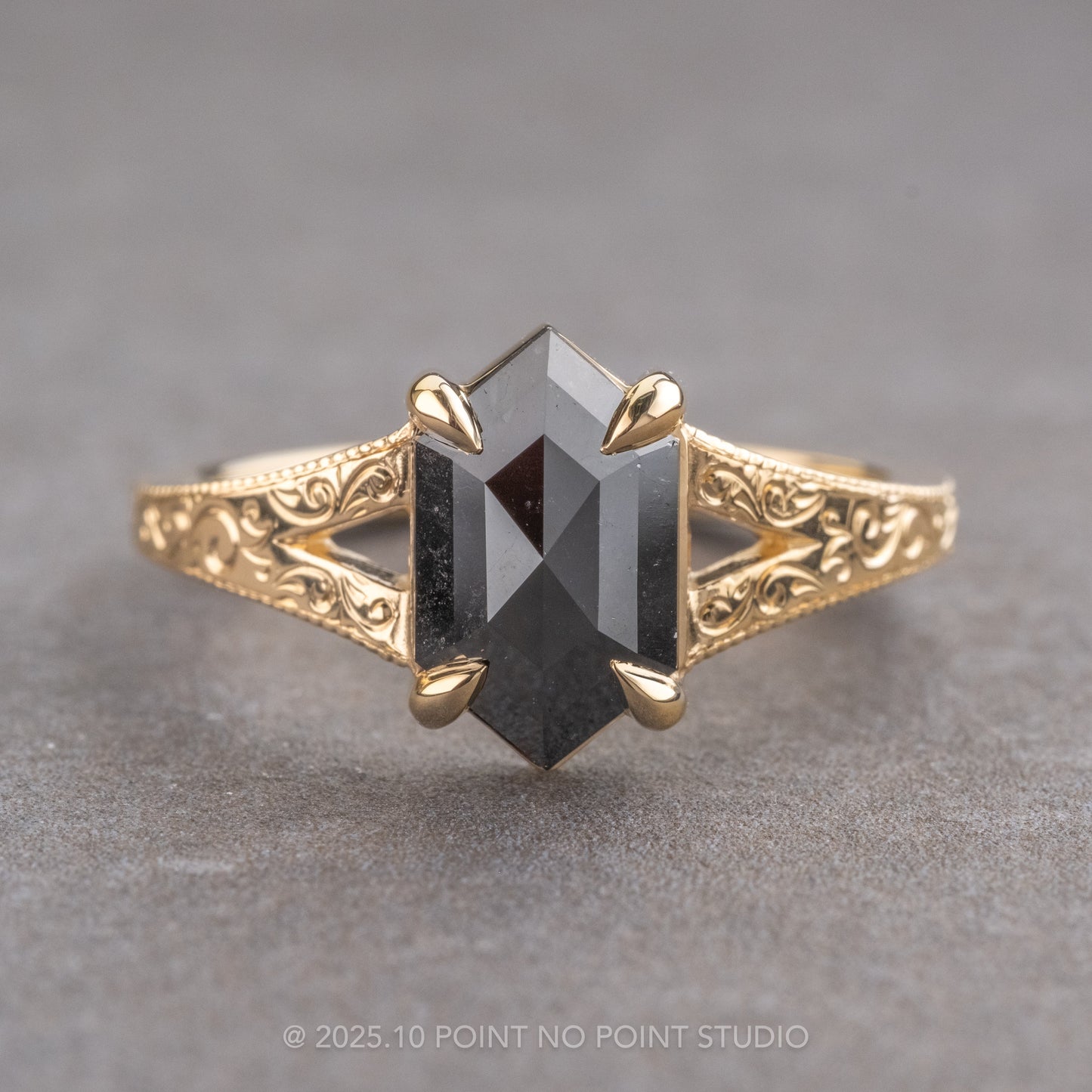 1.41 Carat Black Hexagon Diamond Engagement Ring, Engraved Split Shank Jane