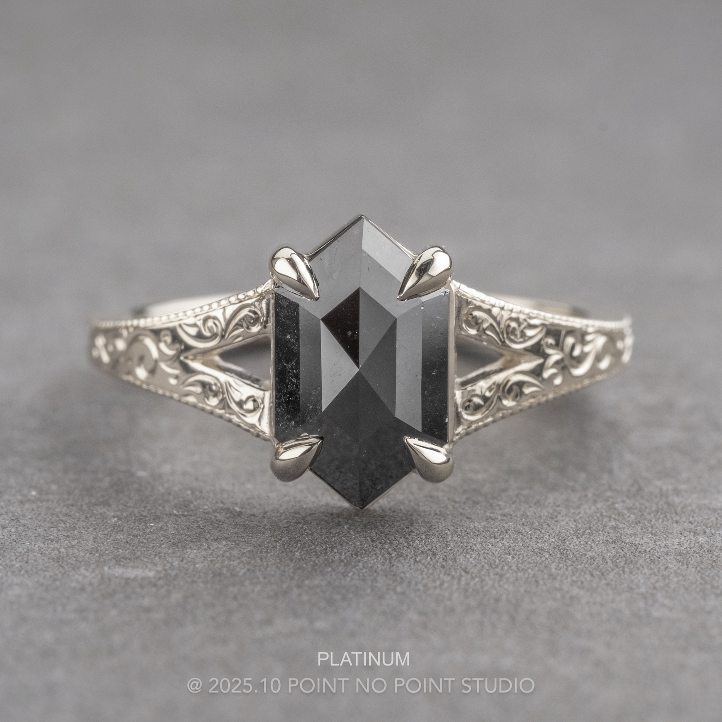 1.41 Carat Black Hexagon Diamond Engagement Ring, Engraved Split Shank Jane