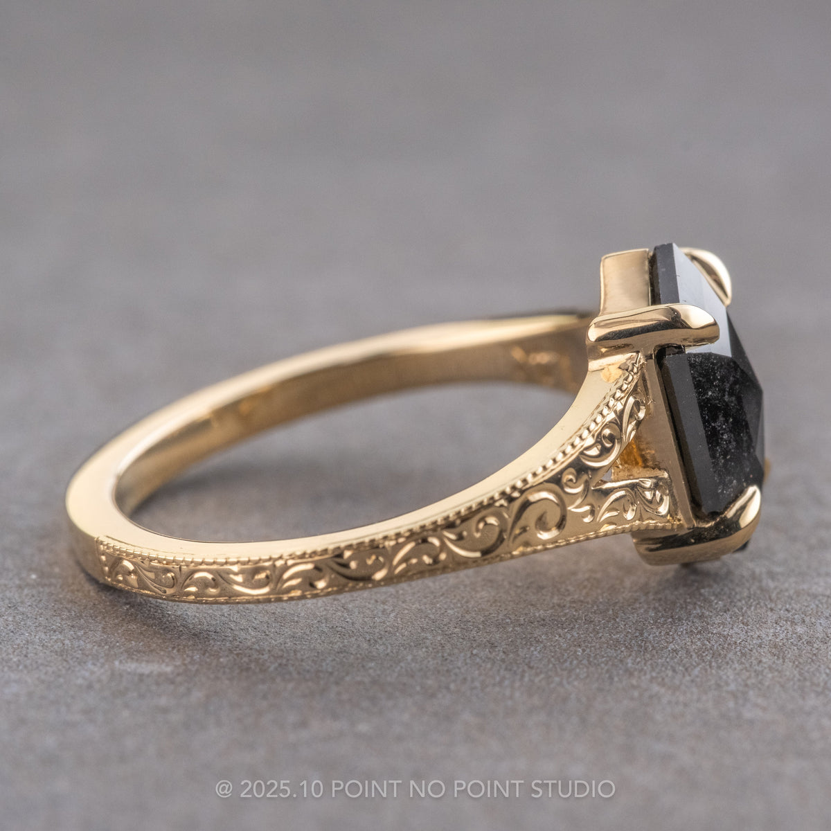 1.41 Carat Black Hexagon Diamond Engagement Ring, Engraved Split Shank Jane