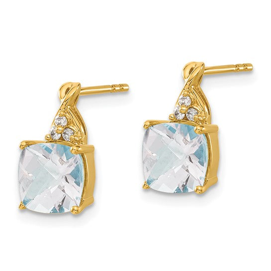 14KY Checkerboard Aquamarine & Diamond Accent Earring