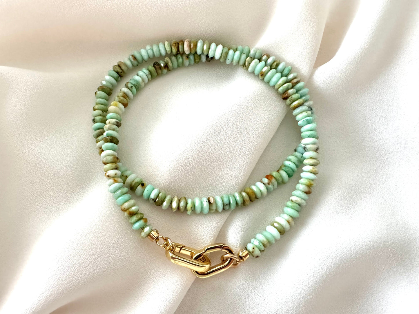 Real Beaded Amazonite Necklace with Large Gold Filled Clasp -