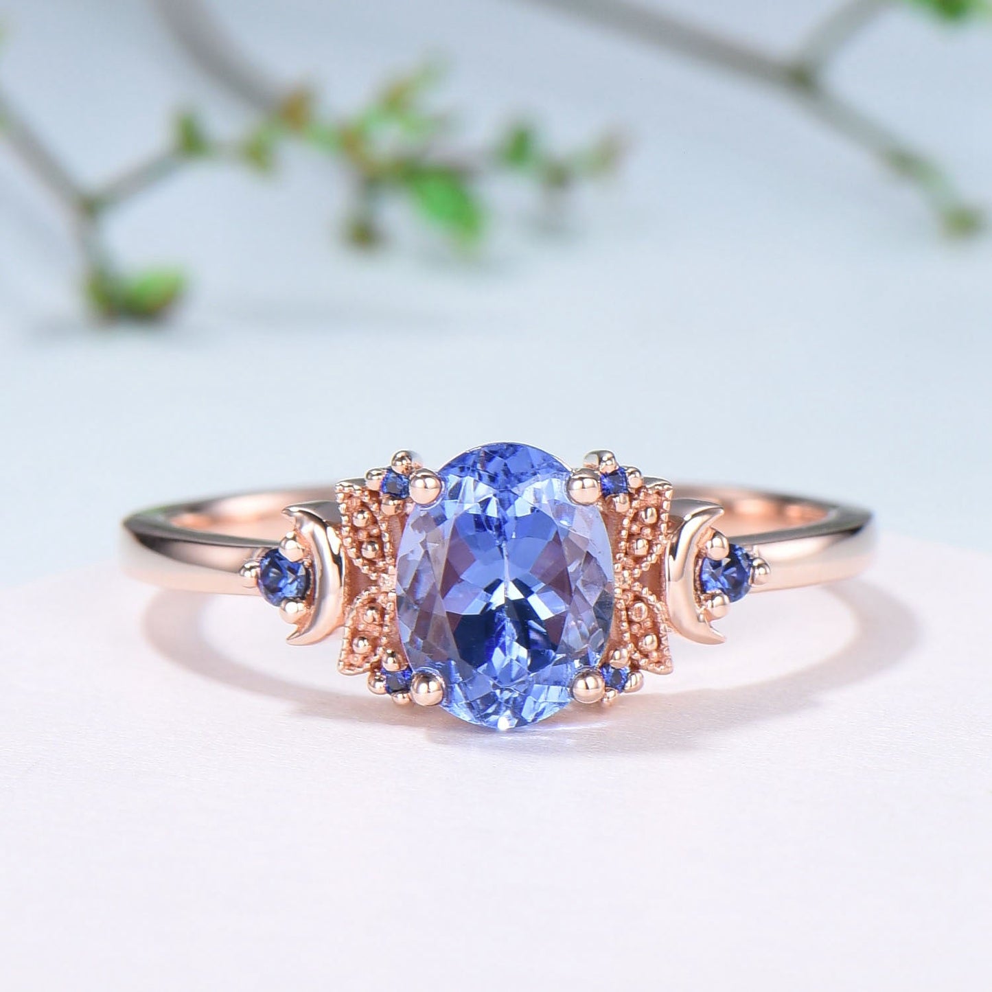 Unique Oval Natural Tanzanite Engagement Ring Cluster Sapphire Moon Wedding Ring Floral 14K Rose Gold Handmade Anniversary Proposal Gift