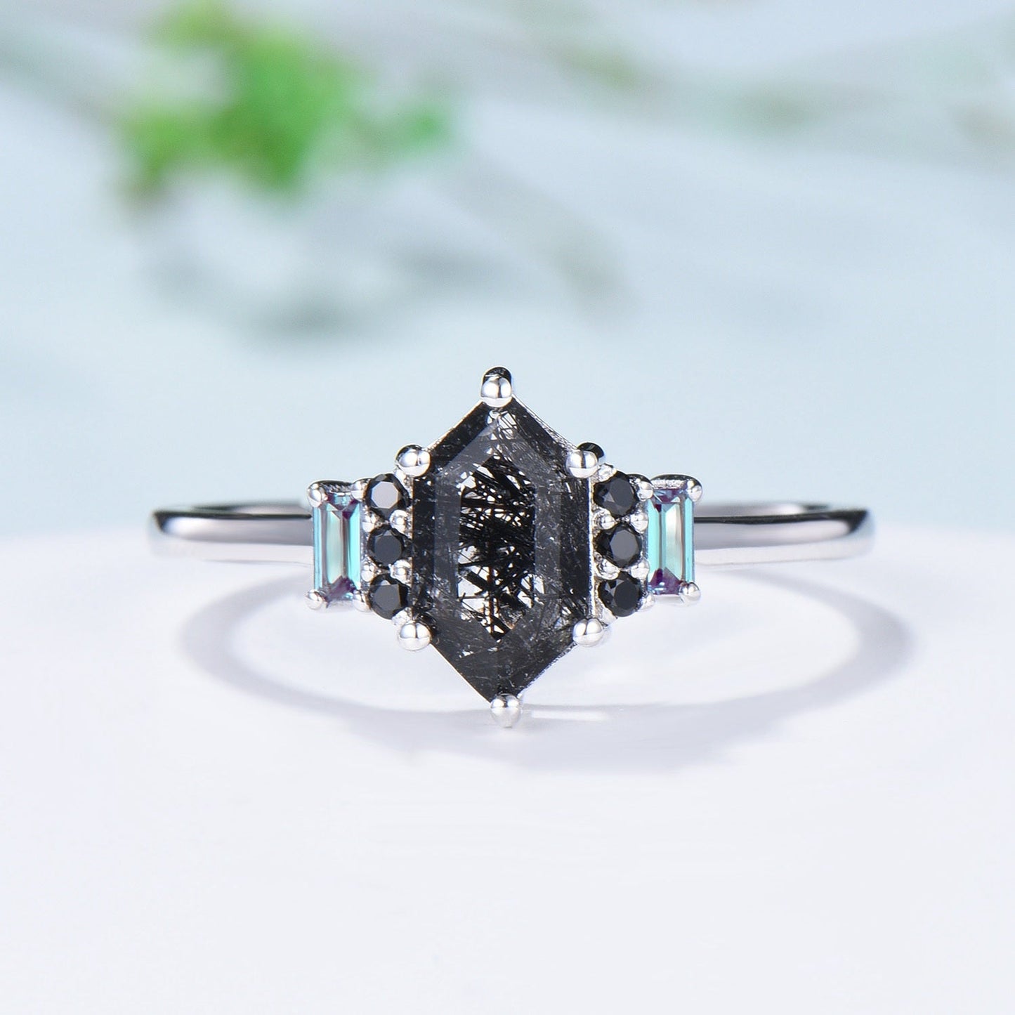 Vintage Long Hexagon Black Rutilated Quartz Engagement Ring  Black Gemstone Baguette Alexandrite Cluster Ring Unique Wedding Bridal Gift