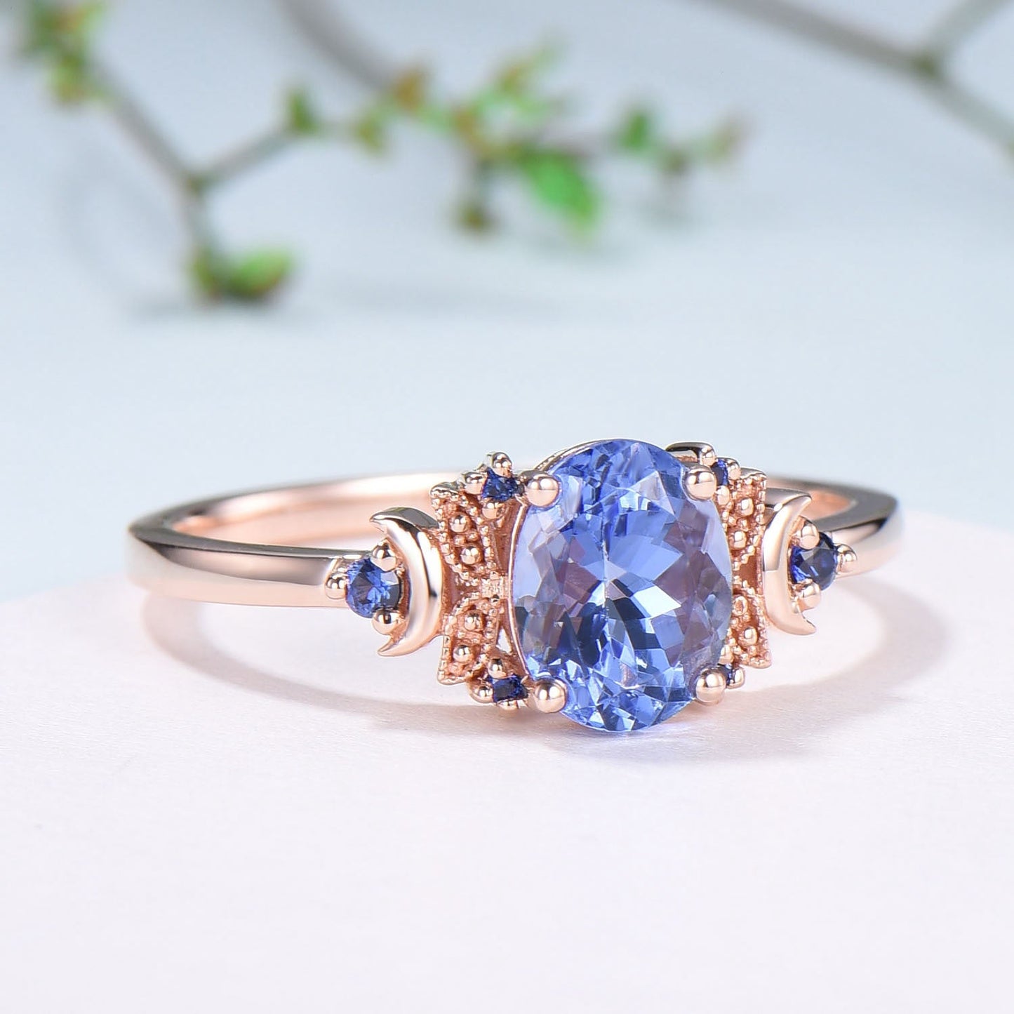 Unique Oval Natural Tanzanite Engagement Ring Cluster Sapphire Moon Wedding Ring Floral 14K Rose Gold Handmade Anniversary Proposal Gift