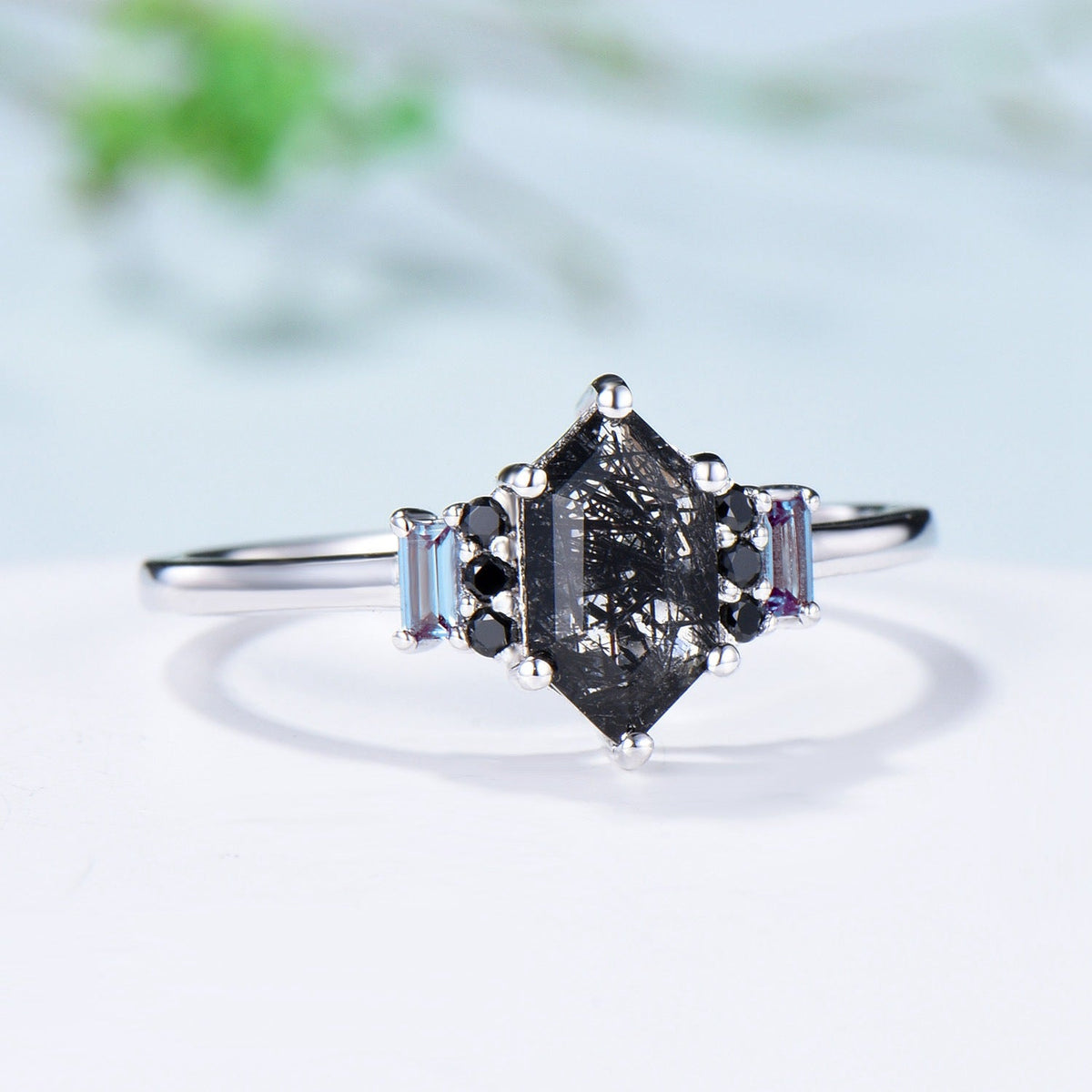 Vintage Long Hexagon Black Rutilated Quartz Engagement Ring  Black Gemstone Baguette Alexandrite Cluster Ring Unique Wedding Bridal Gift