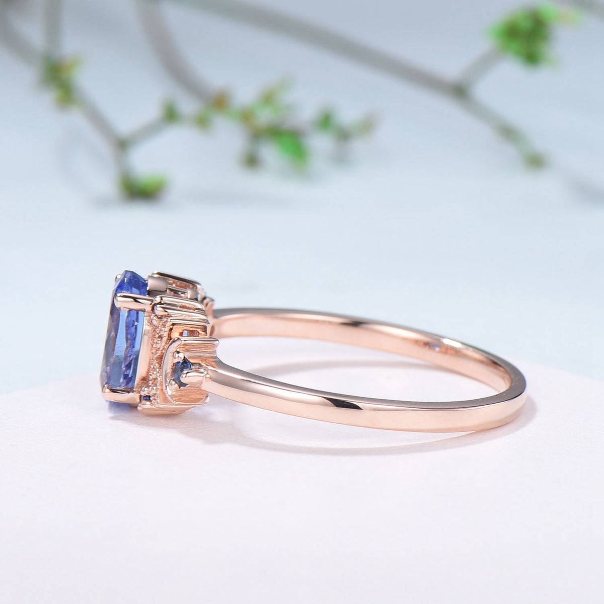 Unique Oval Natural Tanzanite Engagement Ring Cluster Sapphire Moon Wedding Ring Floral 14K Rose Gold Handmade Anniversary Proposal Gift
