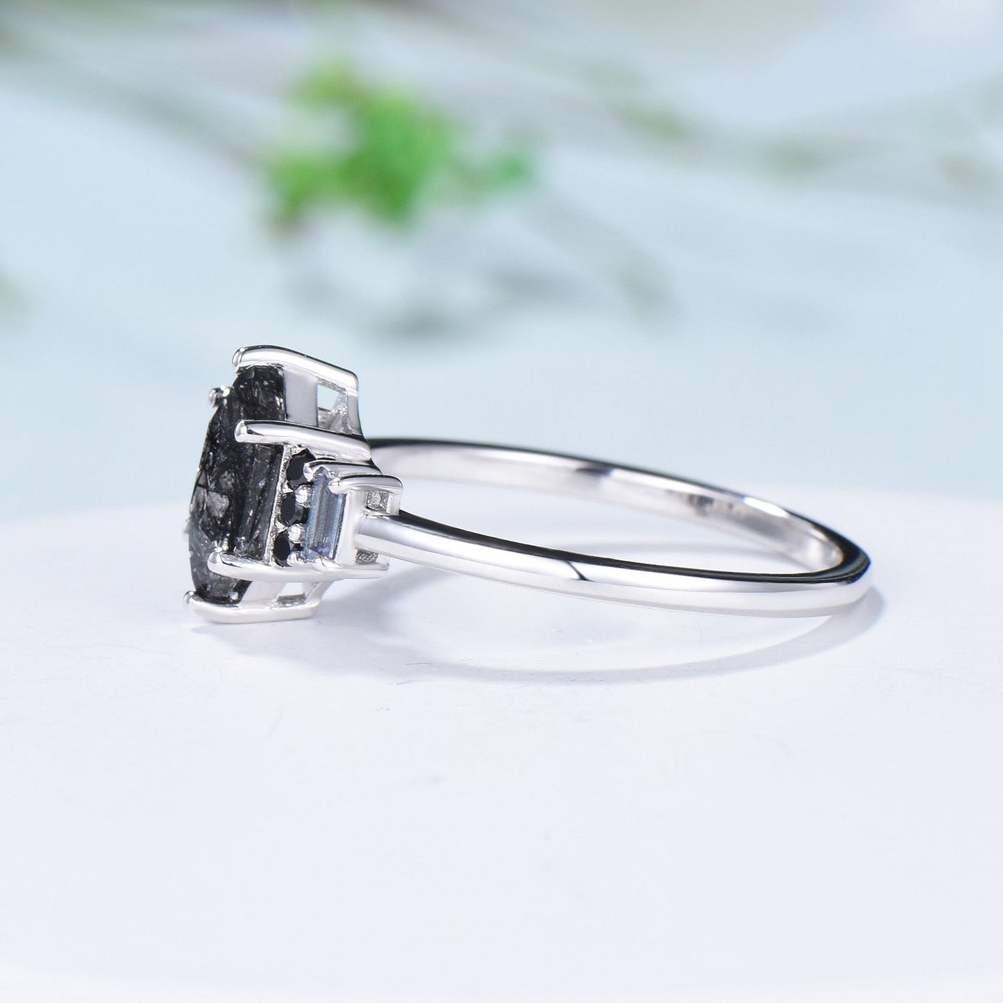 Vintage Long Hexagon Black Rutilated Quartz Engagement Ring  Black Gemstone Baguette Alexandrite Cluster Ring Unique Wedding Bridal Gift