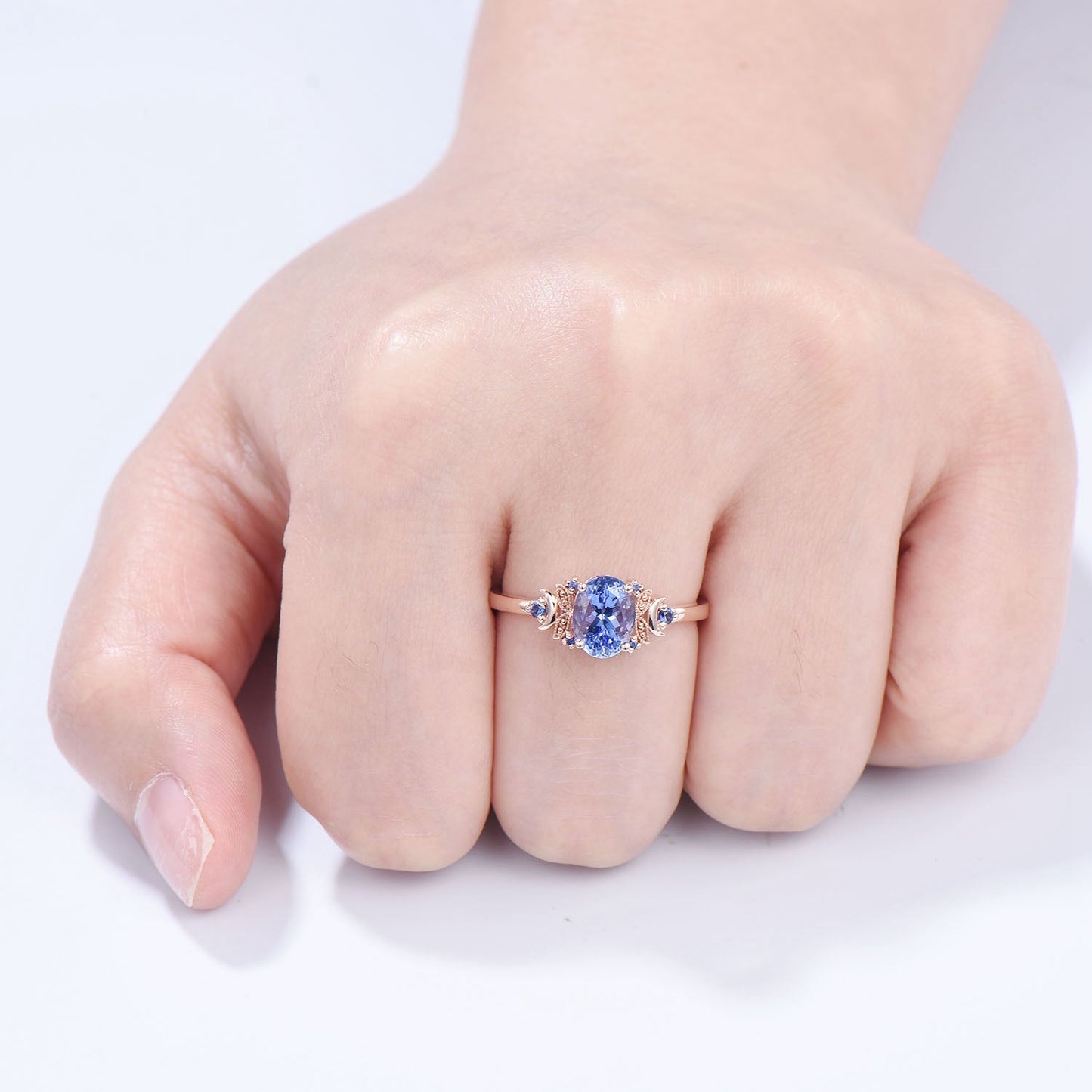 Unique Oval Natural Tanzanite Engagement Ring Cluster Sapphire Moon Wedding Ring Floral 14K Rose Gold Handmade Anniversary Proposal Gift