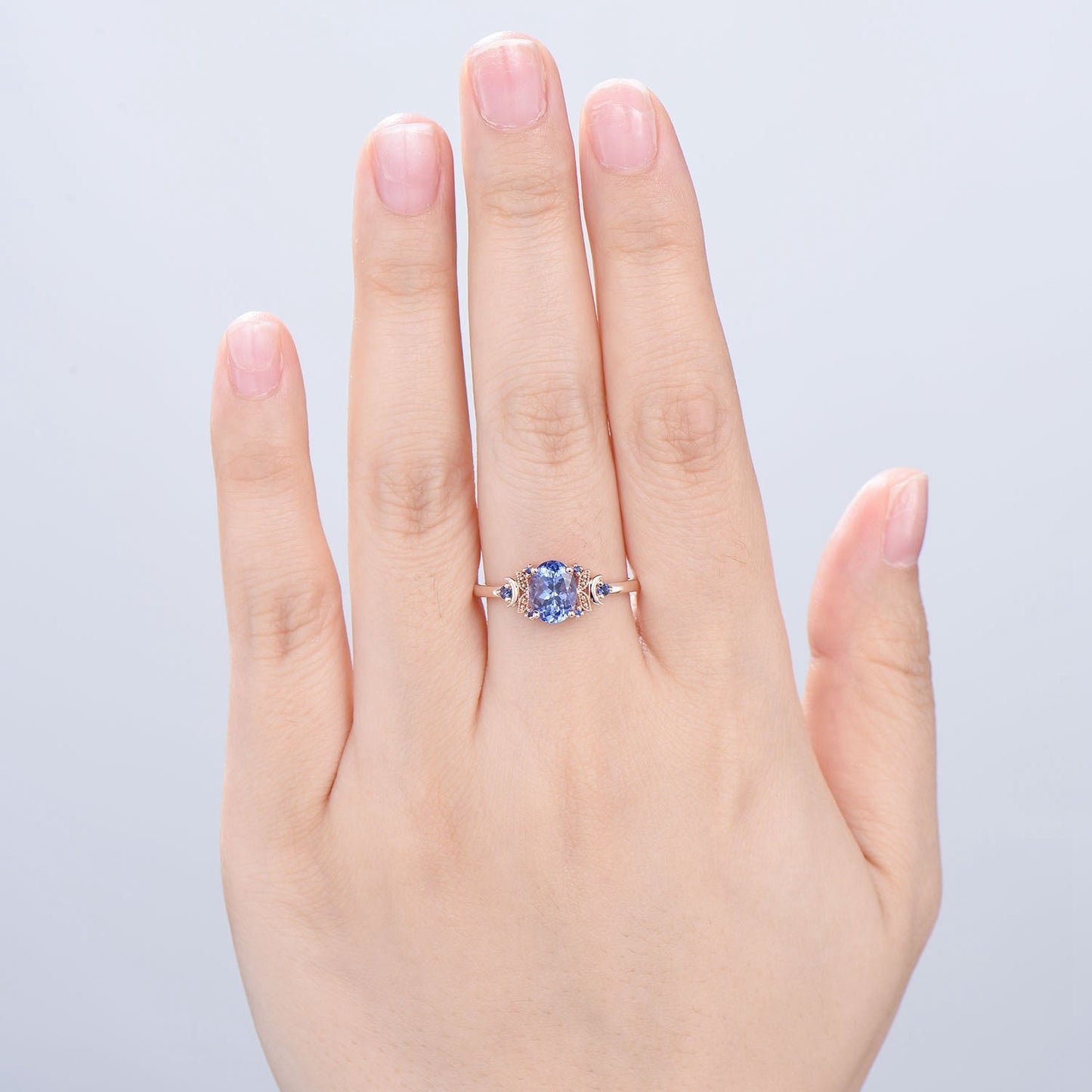 Unique Oval Natural Tanzanite Engagement Ring Cluster Sapphire Moon Wedding Ring Floral 14K Rose Gold Handmade Anniversary Proposal Gift