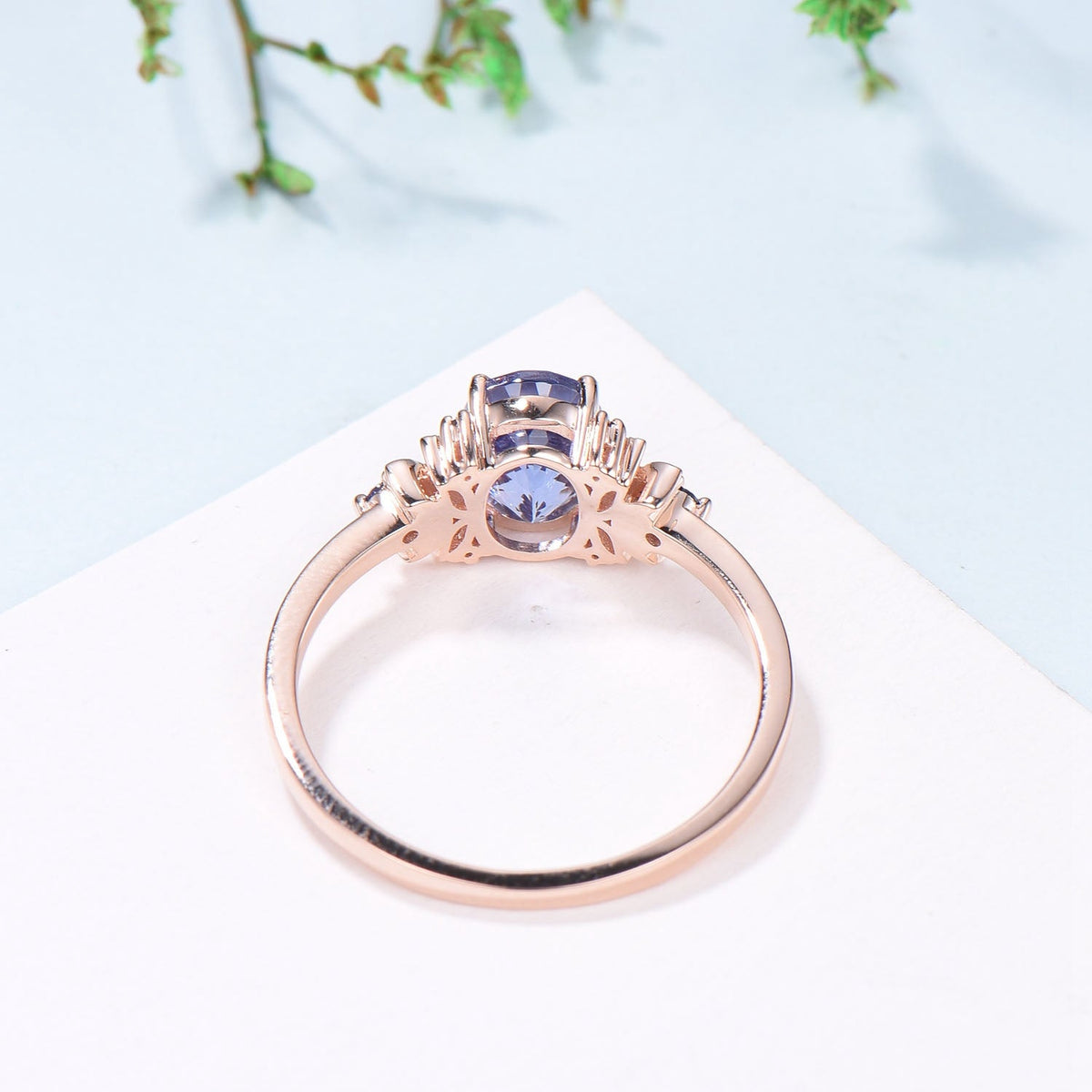 Unique Oval Natural Tanzanite Engagement Ring Cluster Sapphire Moon Wedding Ring Floral 14K Rose Gold Handmade Anniversary Proposal Gift
