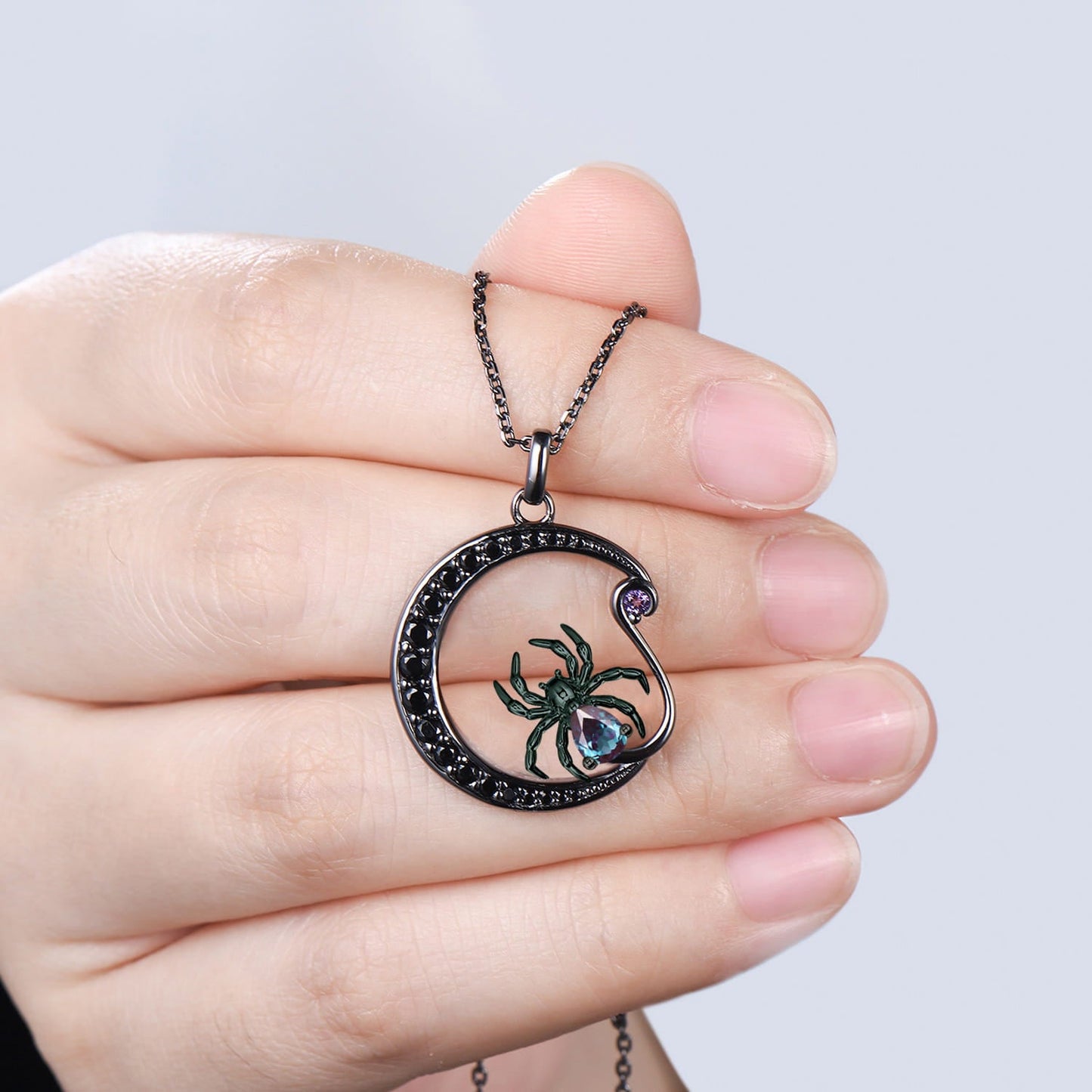 Unique Gothic Spider Crescent Moon Alexandrite Necklace Black Gold Amethyst Pendant Halloween Spider Web Cool Jewelry Celestial Gift for Her