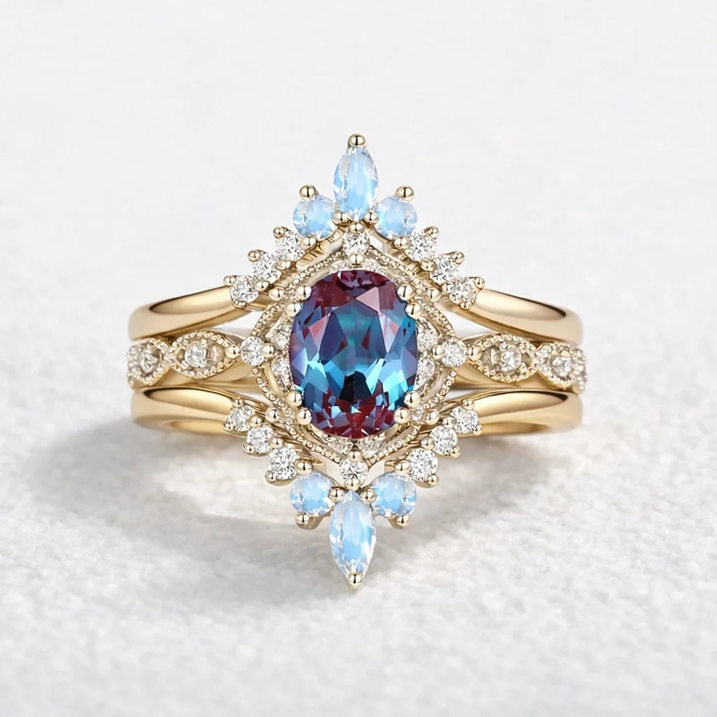 Luna’s Glow | Alexandrite & Moonstone Vintage Bridal Set 3pcs