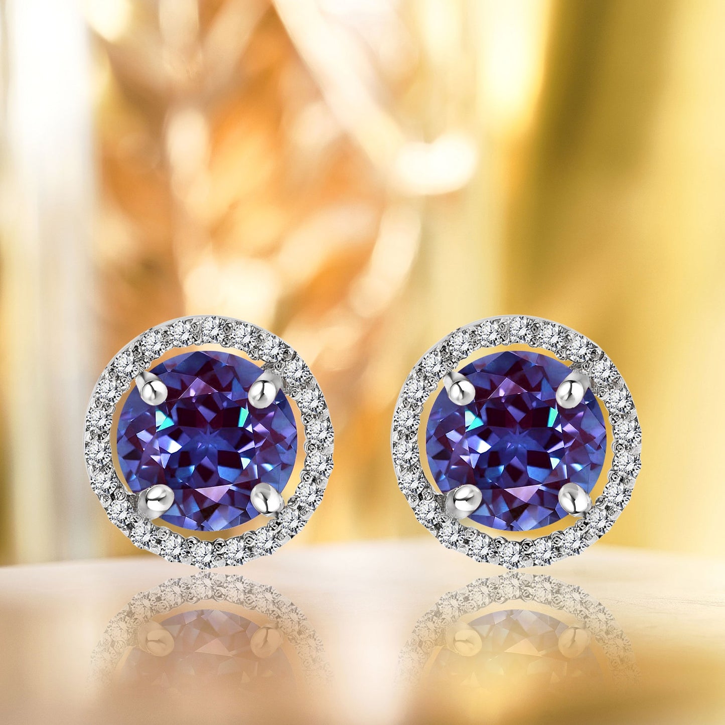 1.25 Carat Round Cut Alexandrite June Birthstone Halo Stud Earrings