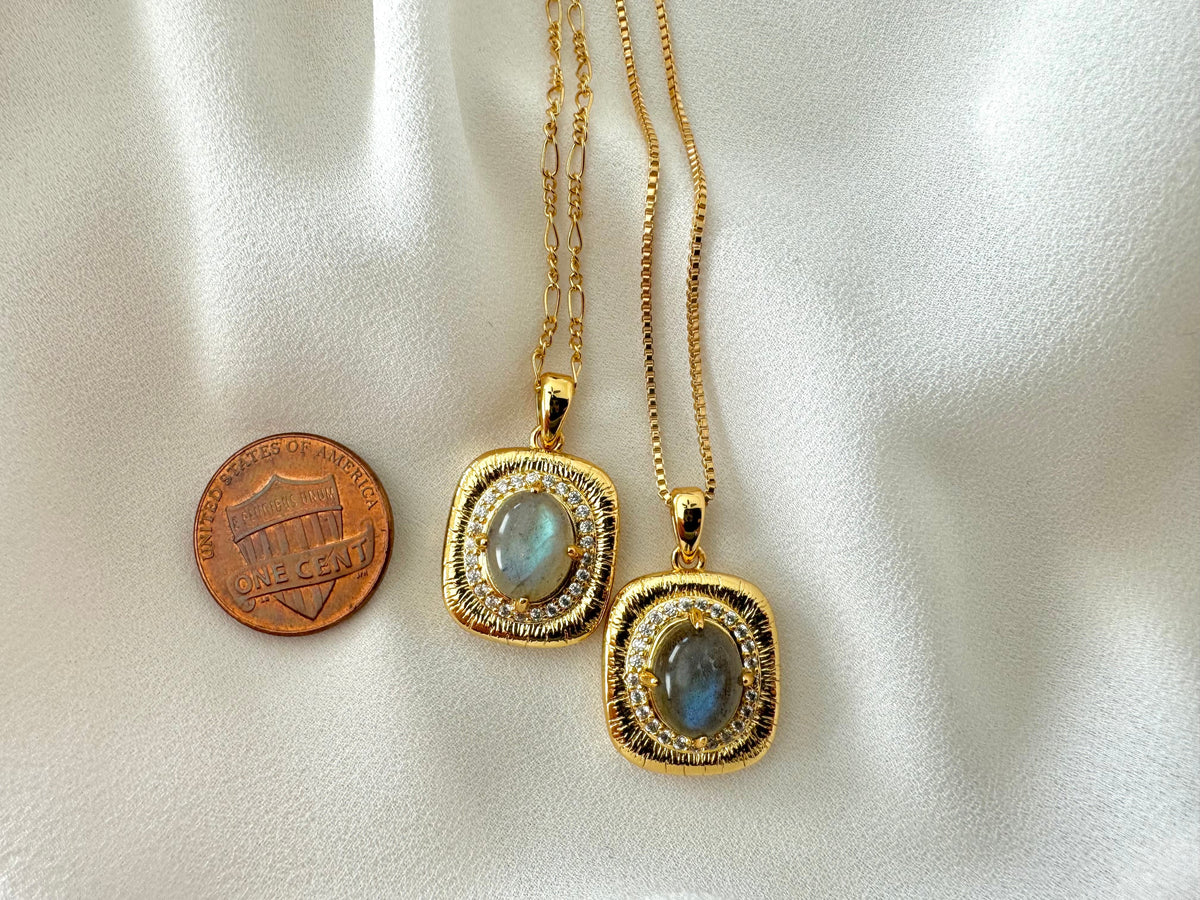 Gold Filled Oval Labradorite Pendant Square Framed Gemstone Pave Necklace Figaro Box Chain
