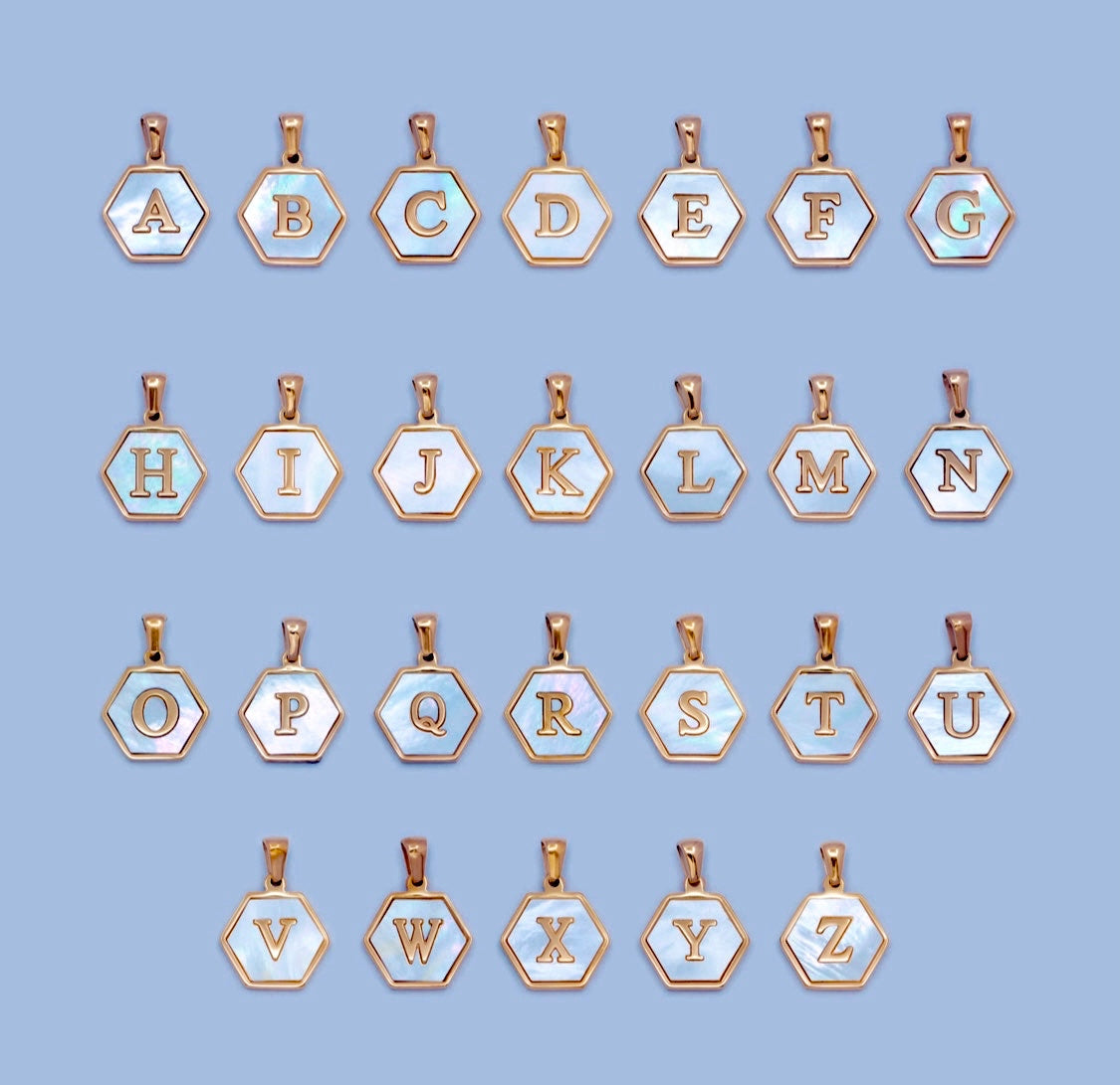 Gold Hexagon Mother of Pearl Letter Pendant Necklace - Gold Filled Chain