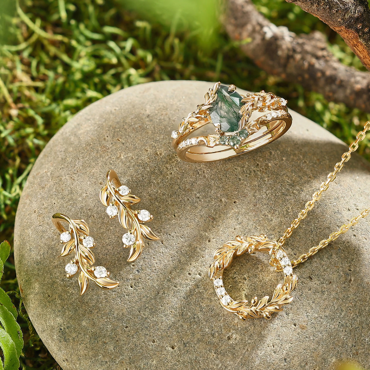 Olive Leaf Inspired Round Cut Moissanite Wreath Pendant Necklace