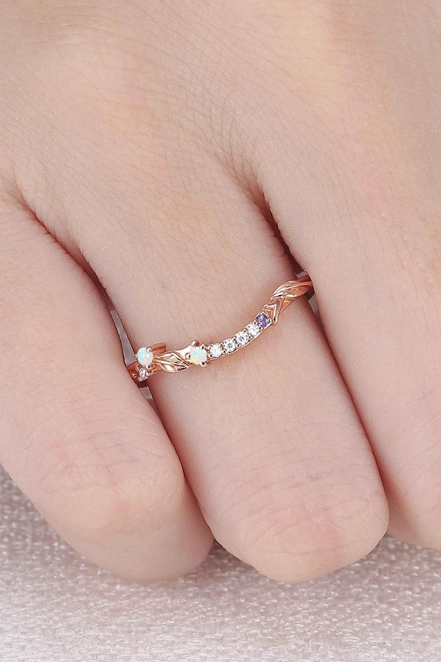 Curved Opal and Moissanite Leafy Wedding Ring