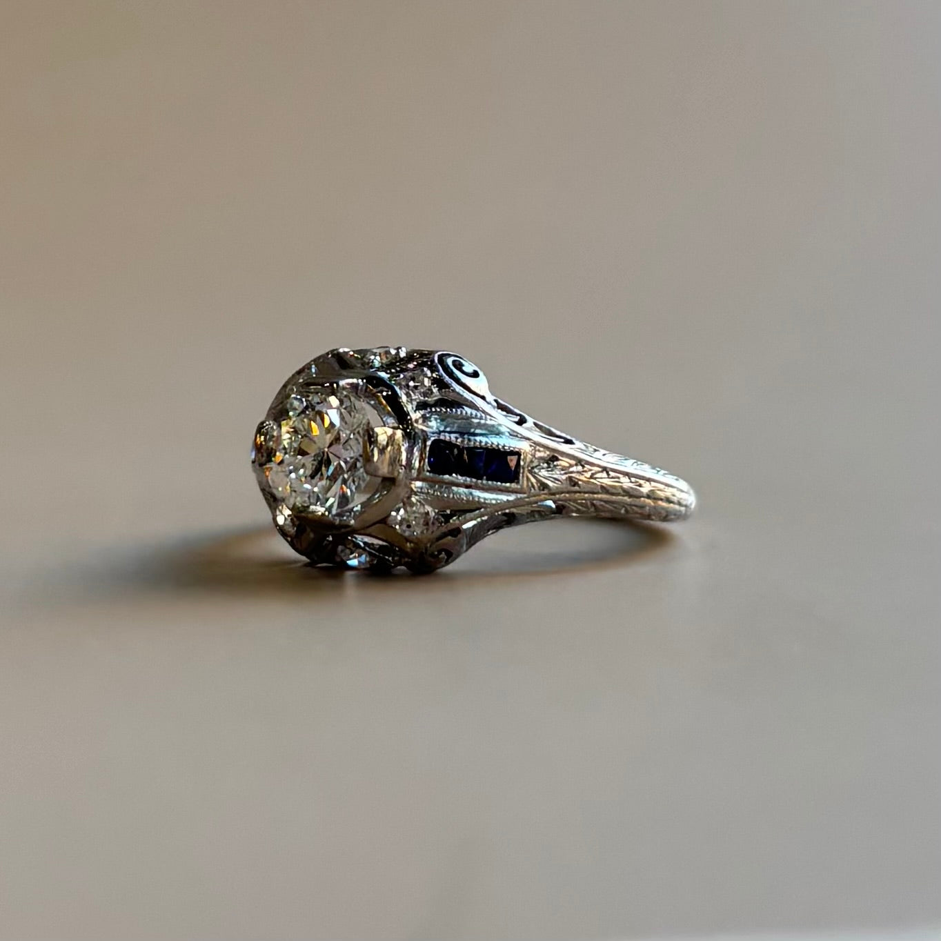 Art Deco 0.75ct Diamond & Step-Cut Blue Sapphire Ring | 18k White Gold | Vintage