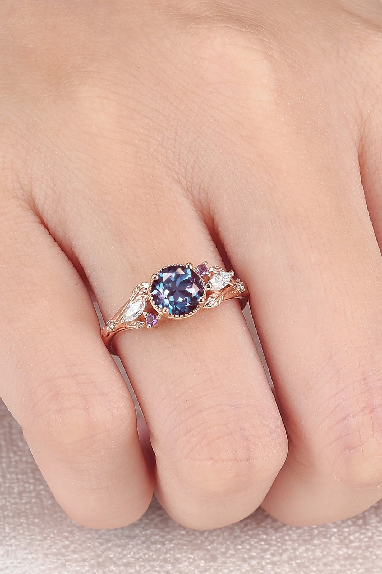 Moonvine Round Cut Alexandrite Leafy Engagement Ring