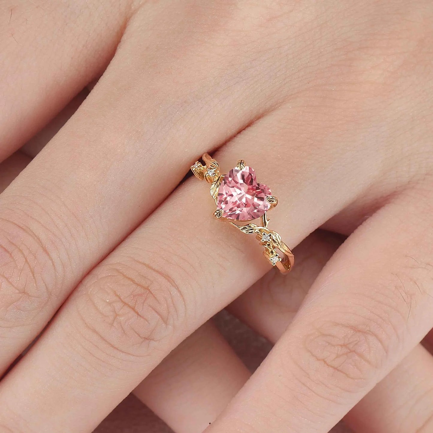 Nature Inspired Heart Cut Pink Padparadscha Leafy Gemstone Ring