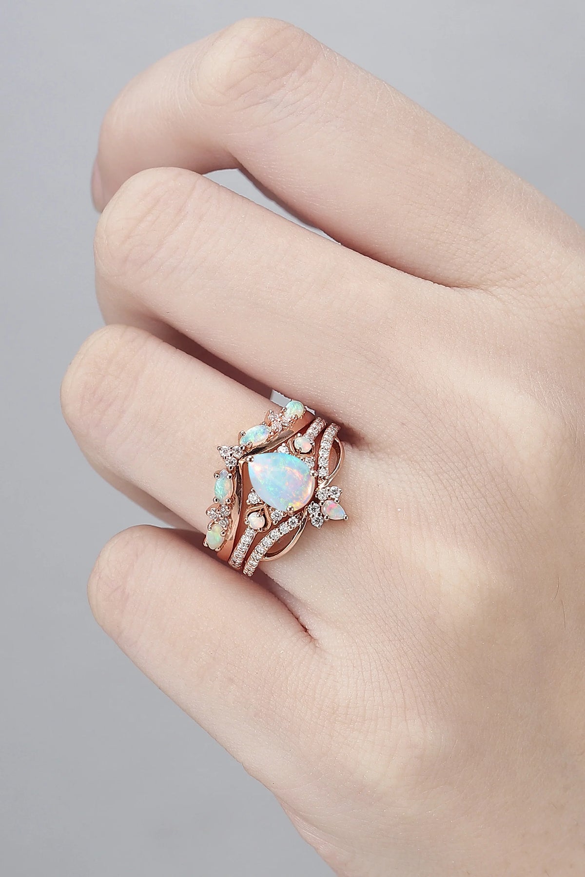 Nature Inspired Pear Shaped Natural Opal Gemstone Ring Set 3pcs