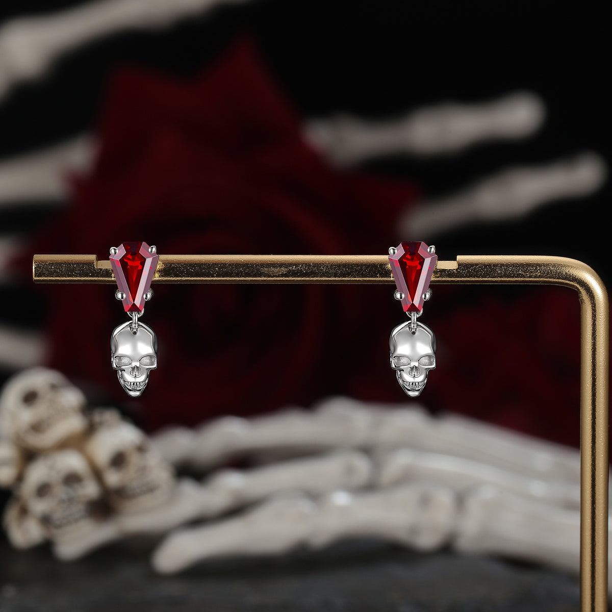 Skull Conffin Shaped Garnet White Gold Earrings Halloween Jewelry