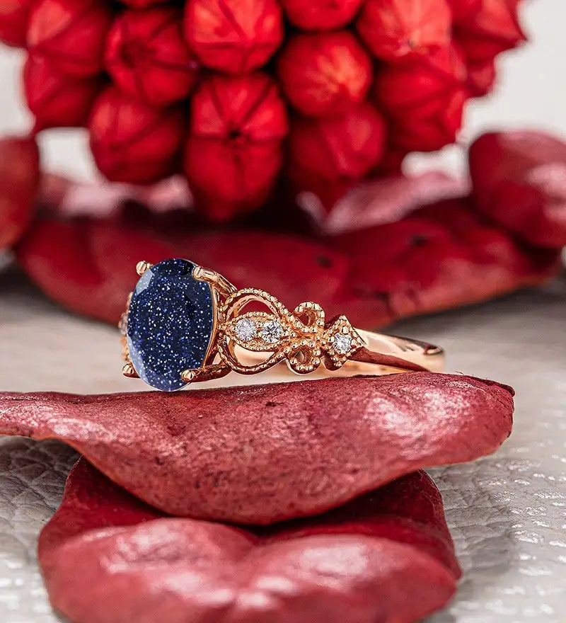 Oval Cut Blue Sandstone Engagement Ring Moissanite Diamond Wedding Ring Vintage Rose Gold Bridal Ring Promise Anniversary Ring For Women