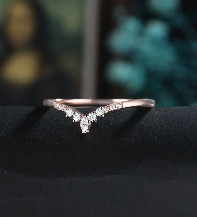 Marquise Cut Moissanite Wedding Band Half Eternity Diamond Rose Gold Wedding Ring Unique Promise Anniversary Bridal Ring Women