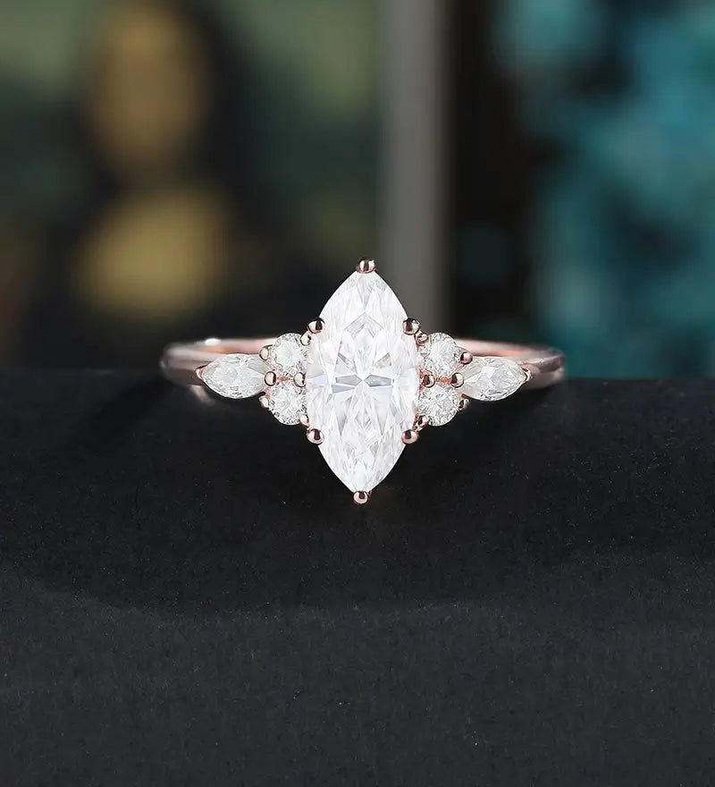 Moissanite Engagement Ring Solid Gold Marquise Cut Moissanite Ring Vintage Diamond Wedding Ring Promise for Her Anniversary Bridal Ring