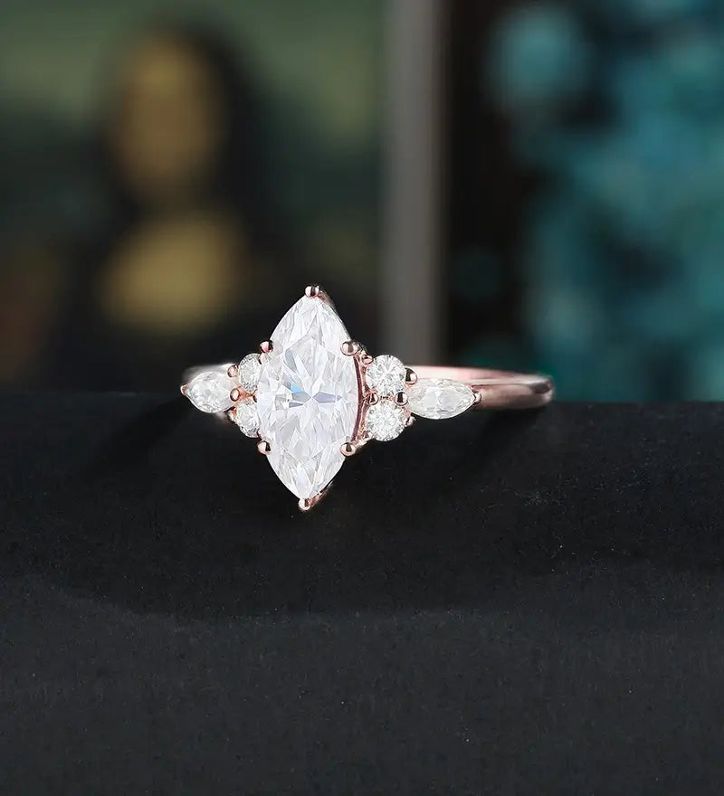Moissanite Engagement Ring Solid Gold Marquise Cut Moissanite Ring Vintage Diamond Wedding Ring Promise for Her Anniversary Bridal Ring