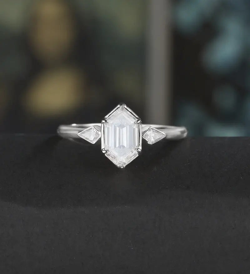 Long Hexagon Cut Engagement Ring Moissanite Solid Gold Promise Ring Anniversary Diamond Wedding Ring Solid Gold Vintage Ring Unique Bridal promise Ring For Women