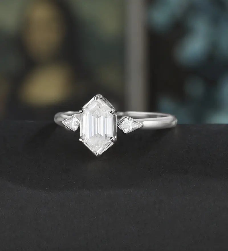 Long Hexagon Cut Engagement Ring Moissanite Solid Gold Promise Ring Anniversary Diamond Wedding Ring Solid Gold Vintage Ring Unique Bridal promise Ring For Women