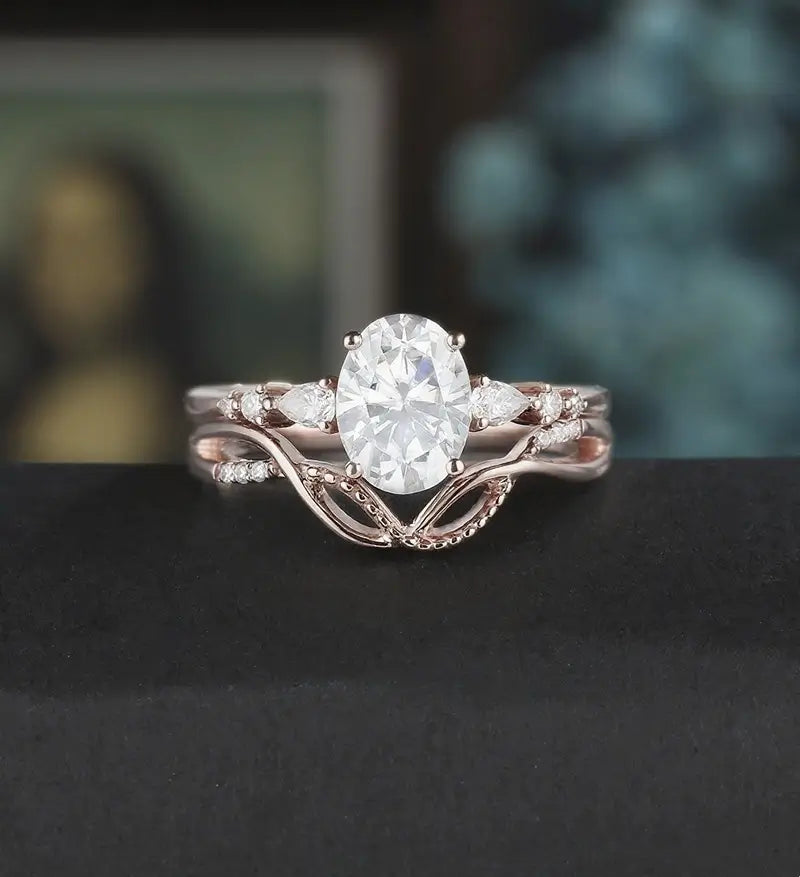 Vintage Oval Cut Engagement Ring Set Solid Gold Bridal Set Diamond Wedding Ring Anniversary Promise Ring For Her