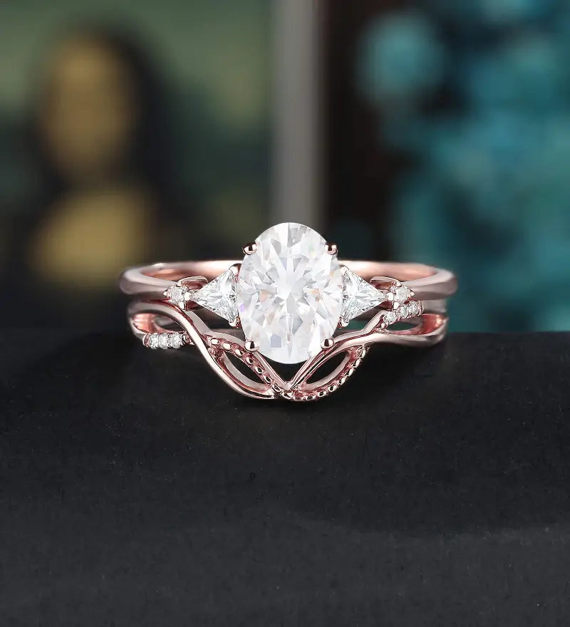 Oval Cut Moissanite Bridal Set Solid Gold Engagement Ring Set Anniversary Diamond Wedding Ring Vintage Promise Ring For Women