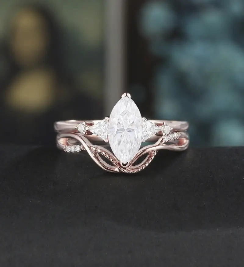 Marquise Cut Moissanite Ring Set Solid Gold Engagement bridal set Moissanite Bridal Set Anniversary Diamond Wedding Ring Anniversary Promise Ring For Women