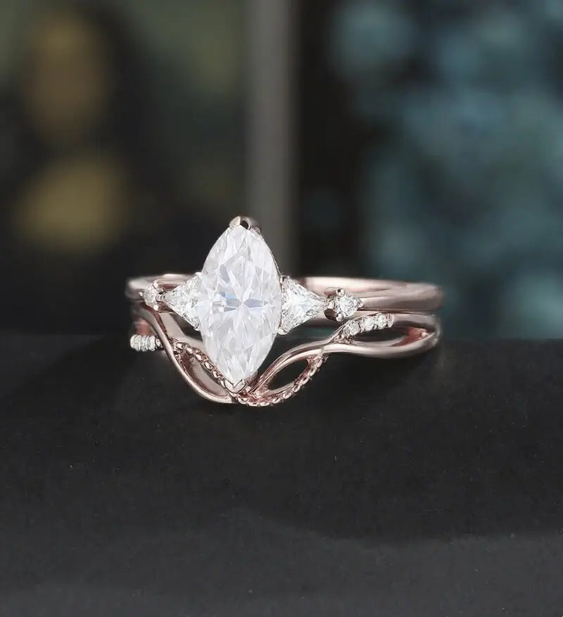 Marquise Cut Moissanite Ring Set Solid Gold Engagement bridal set Moissanite Bridal Set Anniversary Diamond Wedding Ring Anniversary Promise Ring For Women