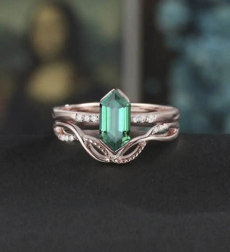 Long Hexagon Emerald Bridal Set Solid Gold Engagement Ring Set Unique Dimond Bridal Set Anniversary Wedding Ring Vintage Promise Ring For Her