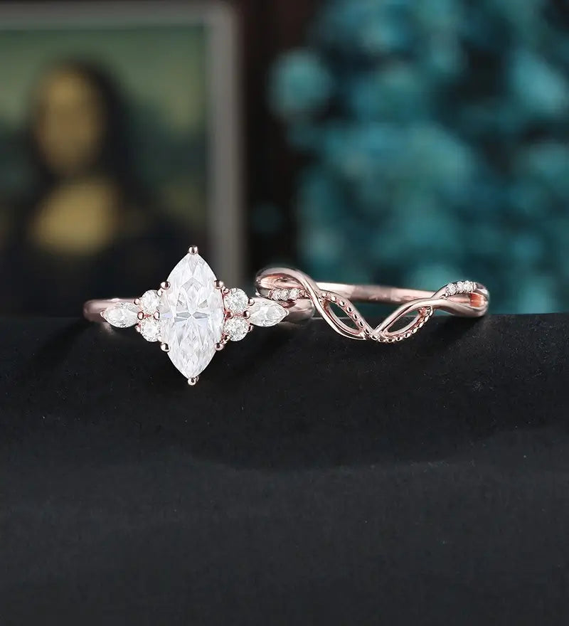 Marquise Cut Engagement Ring Set Solid Gold Moissanite Bridal Set Anniversary Diamond Wedding Ring Anniversary Promise Ring For Her