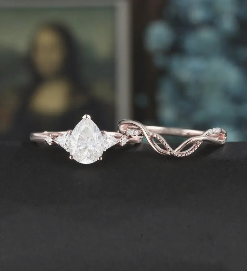 Pear Shaped Moissanite Bridal Set Solid Gold Engagement Ring Set Vintage Bridal Set Anniversary Diamond Wedding Ring Anniversary Promise Ring For Her