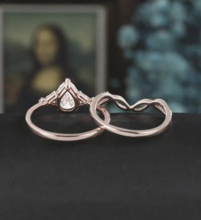 Pear Shaped Moissanite Bridal Set Solid Gold Engagement Ring Set Vintage Bridal Set Anniversary Diamond Wedding Ring Anniversary Promise Ring For Her