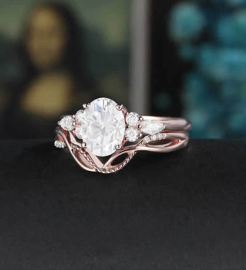 Oval Cut Moissanite Bridal Set Engagement Ring Set Vintage Bridal Set Anniversary Diamond Wedding Ring Solid Gold Promise Ring For Women