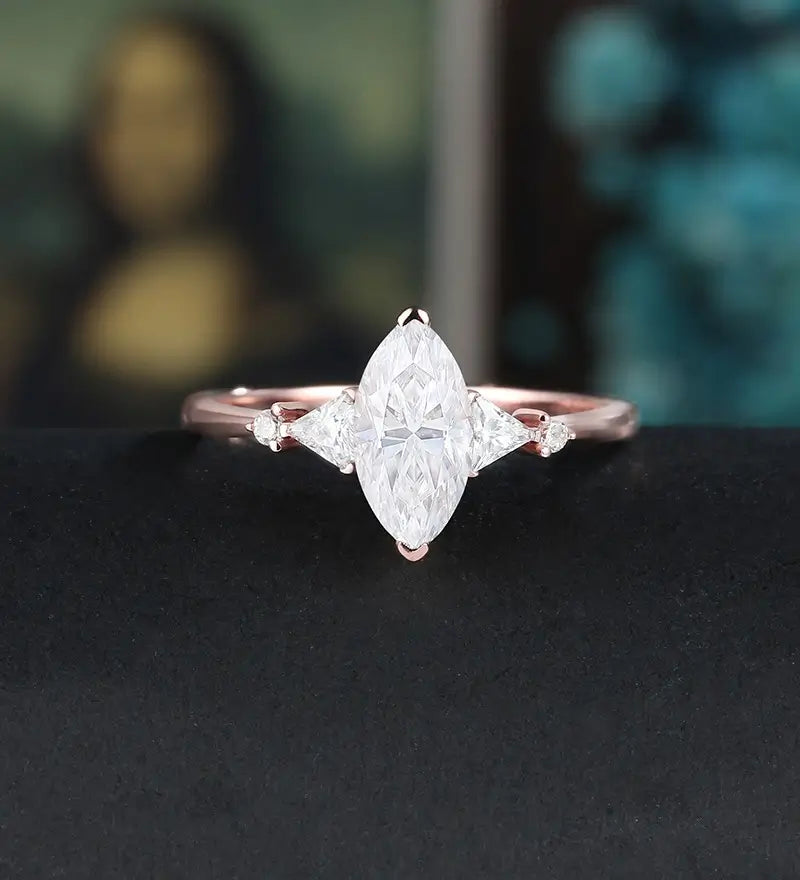 Marquise Cut Moissanite Engagement Ring Solid Gold Promise Ring Anniversary triangle Diamond Wedding Ring Vintage Ring Unique Bridal promise Ring For Her