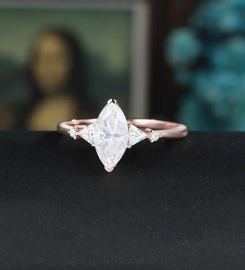 Marquise Cut Moissanite Engagement Ring Solid Gold Promise Ring Anniversary triangle Diamond Wedding Ring Vintage Ring Unique Bridal promise Ring For Her
