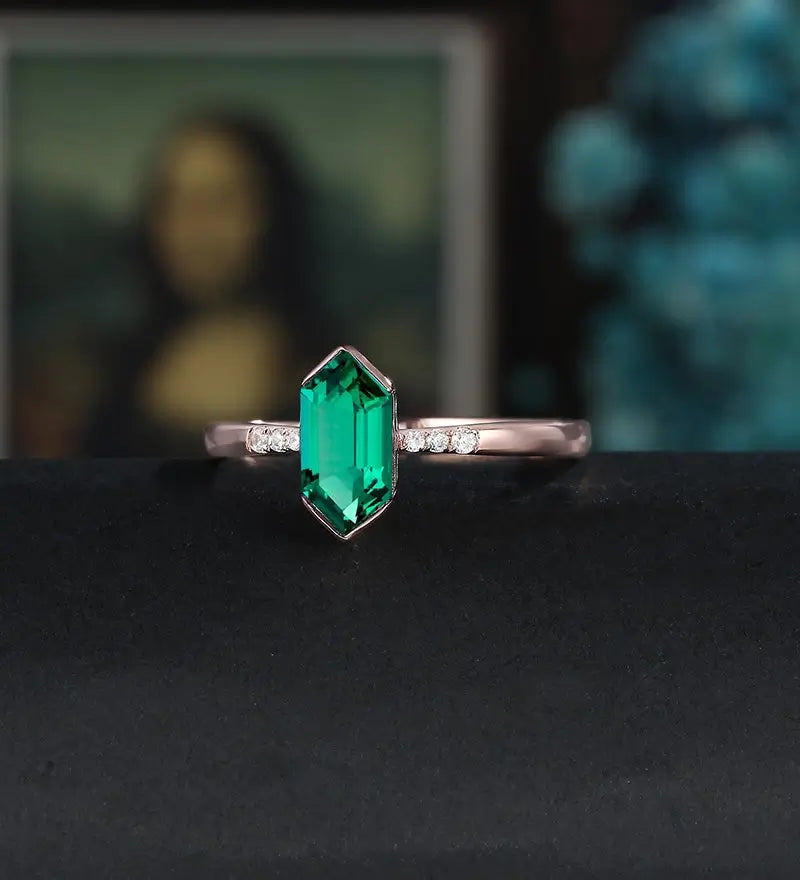 Long Hexagon Cut Lab Emerald Engagement Ring Solid Gold  Moissanite Promise Ring Anniversary triangle Diamond Wedding Ring Vintage Ring Unique Bridal promise Ring For Her