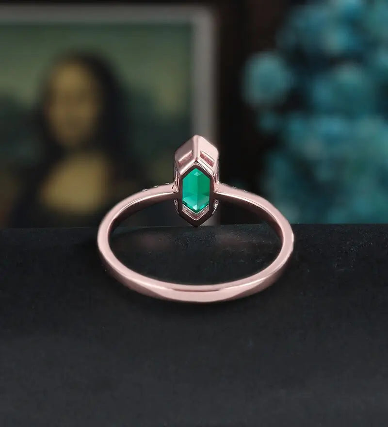 Long Hexagon Cut Lab Emerald Engagement Ring Solid Gold  Moissanite Promise Ring Anniversary triangle Diamond Wedding Ring Vintage Ring Unique Bridal promise Ring For Her