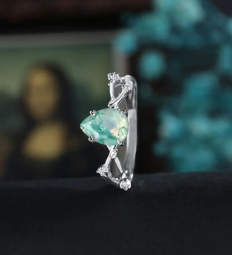 Pear Shaped Moss Agate Engagement Ring Solid Gold Promise Ring Anniversary Diamond Wedding Ring Vintage Ring Unique Bridal promise Ring For Her