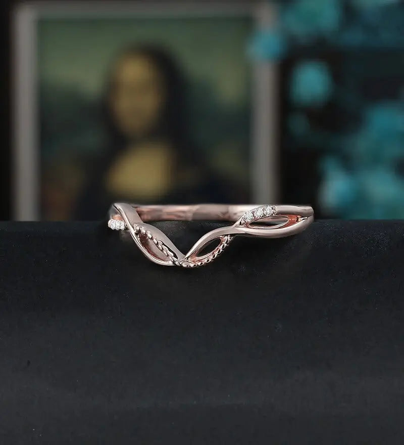 Unique Curved Wedding Bnad Solid Gold  Moissanite Matching Band Diamond Wedding Ring Anniversary Bridal Ring For Her