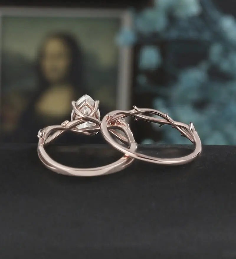 Pear shaped Moissanite Engagement Ring Solid Gold Nature Inspired Diamond Wedding Ring ROSE WHITE YELLOW Gold Promise Anniversary Bridal Ring For Women