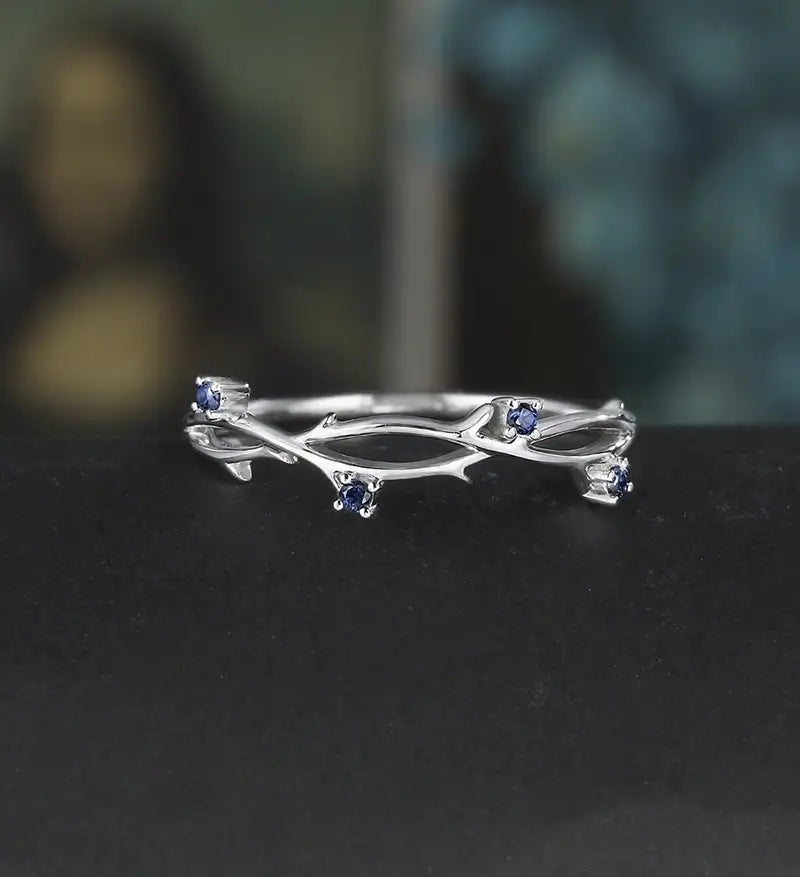 Solid Gold Sapphire Wedding Bnad 14K/18K Gold Matching Band Nature Inspired Leaf Ring Anniversary Vintage Bridal Ring For Women